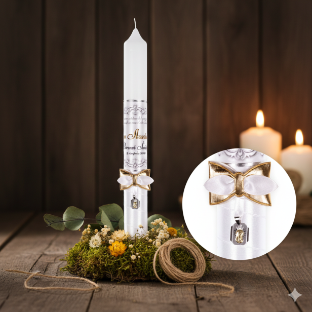 Imienna świeca BIAŁY VINTAGE zdobiona srebrnym medalikiem | Linia SILVER GRACE®