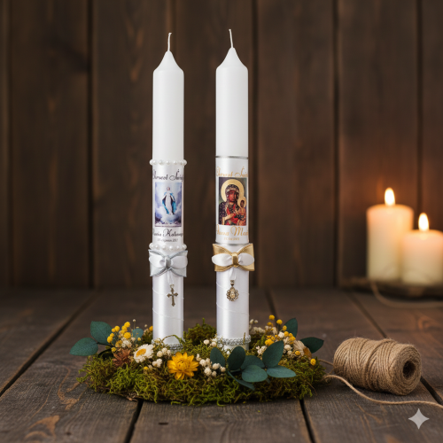 Imienna świeca zdobiona srebrnym medalikiem MATKA BOSKA | Linia SILVER GRACE®