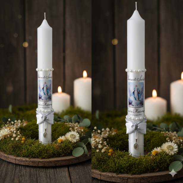 Imienna świeca zdobiona srebrnym medalikiem MATKA BOSKA | Linia SILVER GRACE®