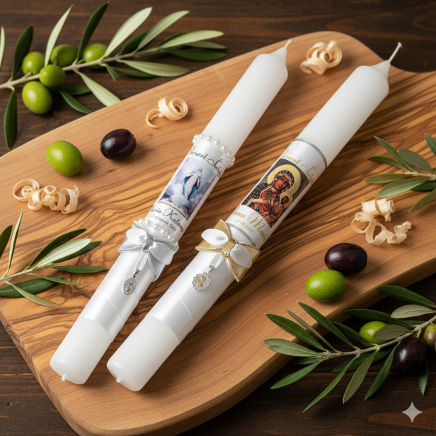 Imienna świeca zdobiona srebrnym medalikiem MATKA BOSKA | Linia SILVER GRACE®