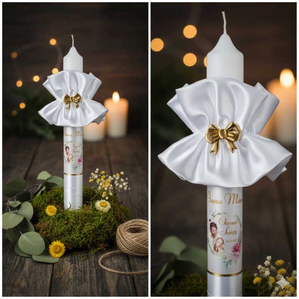 Imienna świeca na Chrzest – gromnica z atłasową osłonką | Pamiątka Chrztu