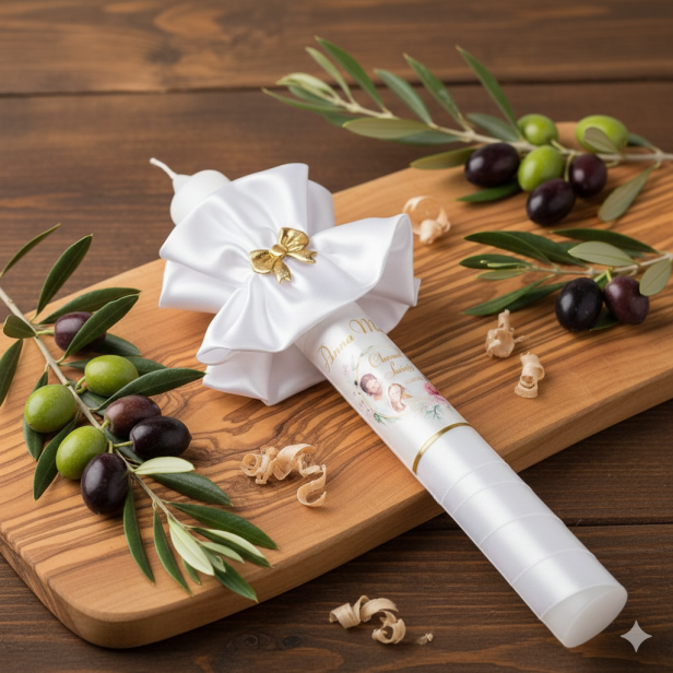 Imienna świeca na Chrzest – gromnica z atłasową osłonką | Pamiątka Chrztu