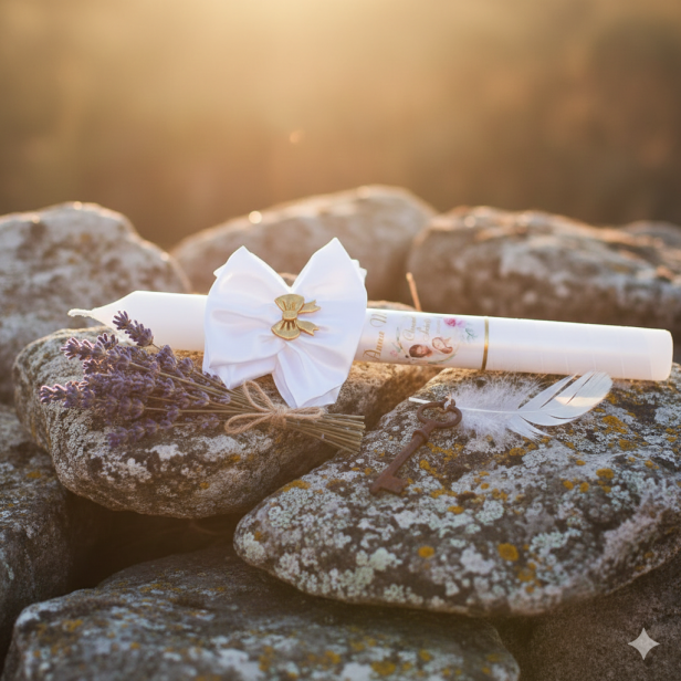 Imienna świeca na Chrzest – gromnica z atłasową osłonką | Pamiątka Chrztu