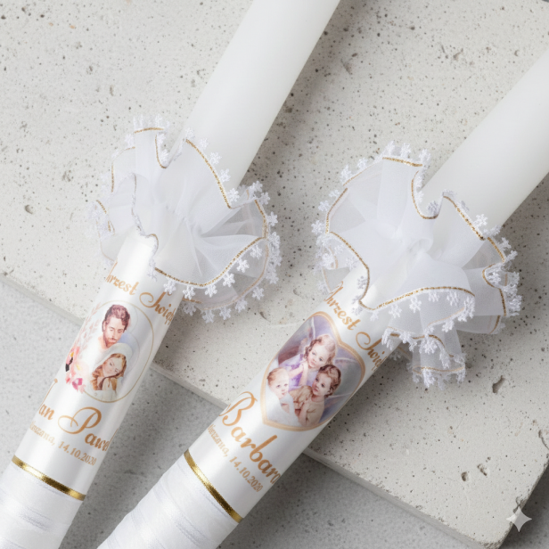 aranżacja Imienna świeca na Chrzest – gromnica z szyfonową osłonką | Pamiątka Chrztu