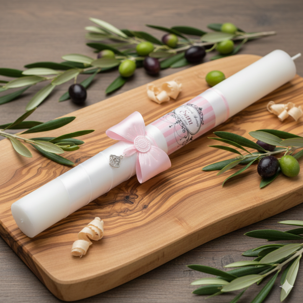 różowa Świeca na Chrzest w stylu RETRO | Pamiątka Chrztu Świętego