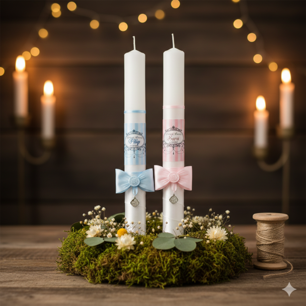 Świeca na Chrzest w stylu RETRO | Pamiątka Chrztu Świętego