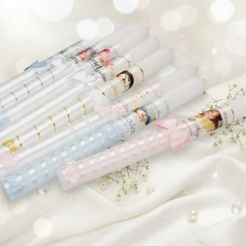 aranżacja Świeca na Chrzest ze zdjęciem dziecka – Pamiątka Chrztu Świętego