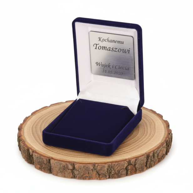 Ozdobne pudełko ETUI prezentowe NAVY BLUE z grawerem – eleganckie opakowanie na biżuterię lub różaniec