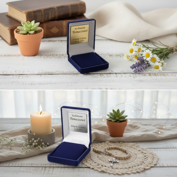 kolorystyka laminatu grawerskiego - Ozdobne pudełko ETUI prezentowe NAVY BLUE z grawerem – eleganckie opakowanie na biżuterię lub różaniec