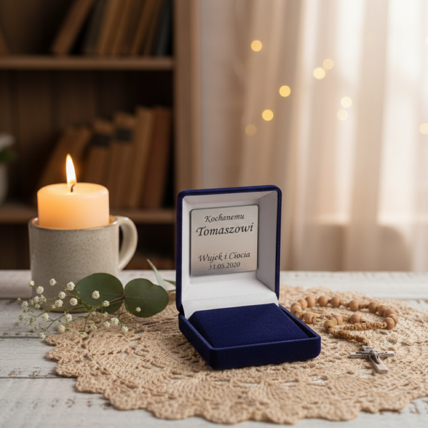 Ozdobne pudełko ETUI prezentowe NAVY BLUE z grawerem – eleganckie opakowanie na biżuterię lub różaniec