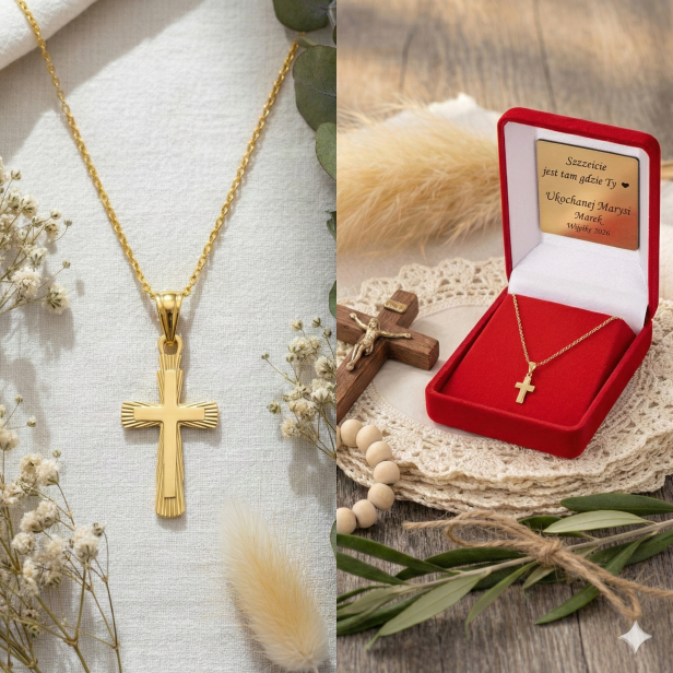 wariant personalizacji do wyboru - Złocony krzyżyk diamentowany z łańcuszkiem pr. 925 – symbol wiary i światła z dedykacją