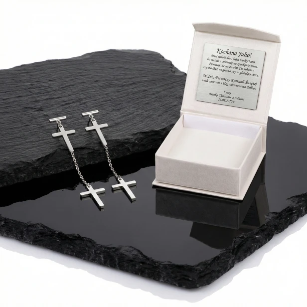 Srebrne kolczyki pr.925 KRZYŻYK CELEBRYTKA w pudełku z grawerem – elegancka biżuteria sakralna