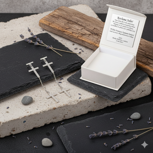 Srebrne kolczyki pr.925 KRZYŻYK CELEBRYTKA w pudełku z grawerem – elegancka biżuteria sakralna