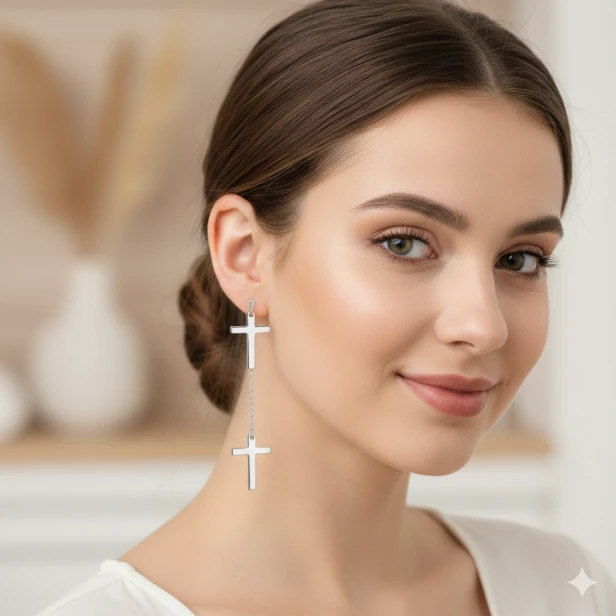 Srebrne kolczyki pr.925 KRZYŻYK CELEBRYTKA w pudełku z grawerem – elegancka biżuteria sakralna