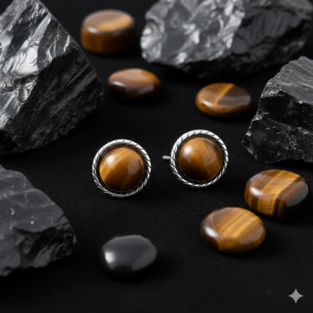 Srebrne kolczyki pr.925 z kamieniem TYGRYSIE OKO – eleganckie sztyfty