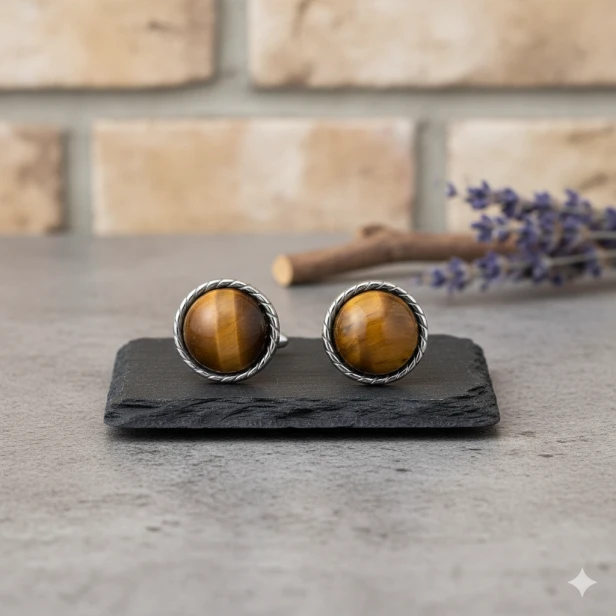 Srebrne kolczyki pr.925 z kamieniem TYGRYSIE OKO – eleganckie sztyfty