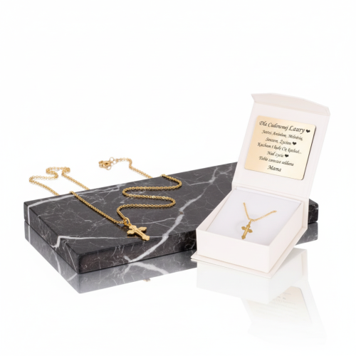 Złoty komplet Krzyżyk Trójlistny z łańcuszkiem pr. 585 – personalizowana pamiątka wiary