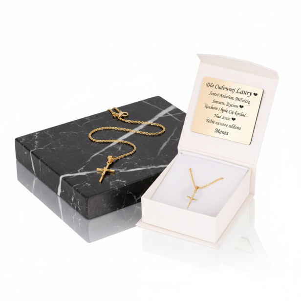 Złoty komplet Krzyż Papieski z łańcuszkiem pr. 585 – personalizowana pamiątka wiary