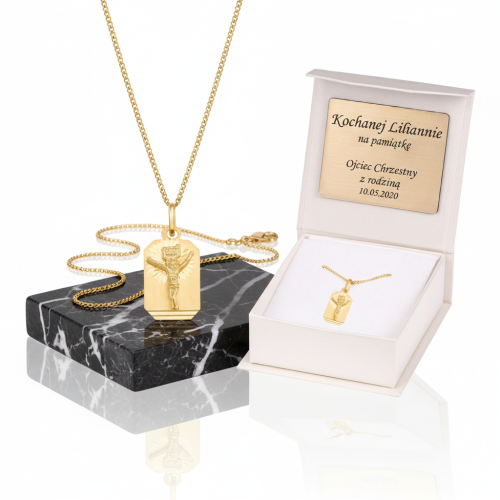 Złoty komplet Medalion Ukrzyżowanie Jezusa z łańcuszkiem pr. 585 – personalizowana pamiątka wiary