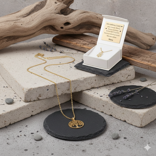 Złoty komplet Drzewo Szczęścia z łańcuszkiem pr. 585 – personalizowana pamiątka i prezent