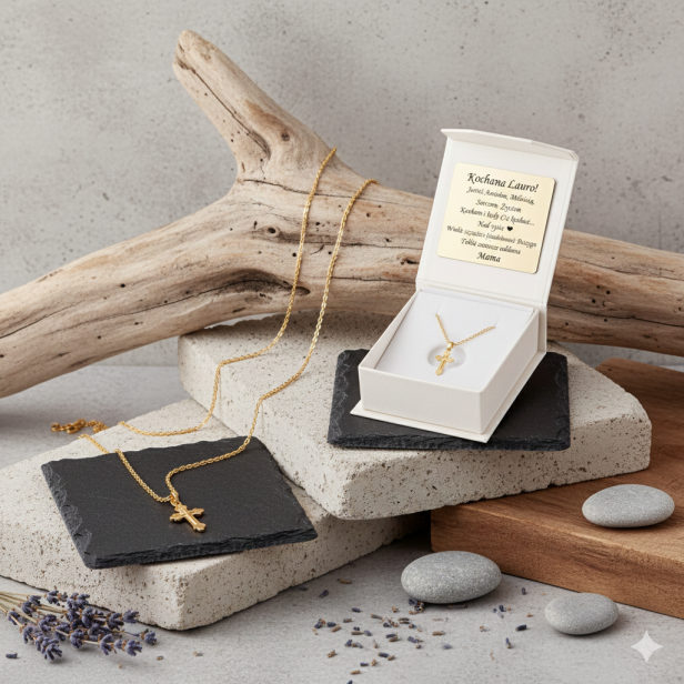 Złoty komplet Krzyżyk Trójlistny z łańcuszkiem pr. 585 – personalizowana pamiątka wiary