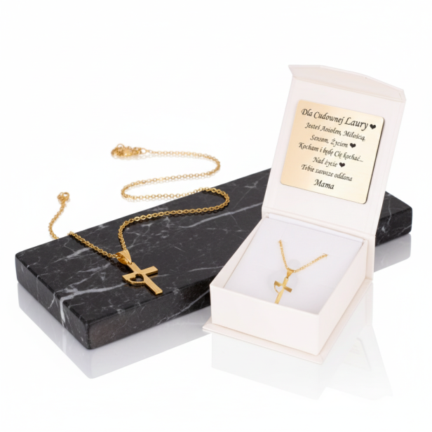 Złoty komplet Medalik Krzyż & Serce z łańcuszkiem pr. 585 – personalizowana pamiątka wiary i miłości