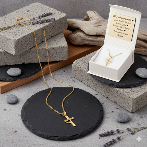 Złoty komplet Medalik Krzyż & Serce z łańcuszkiem pr. 585 – personalizowana pamiątka wiary i miłości