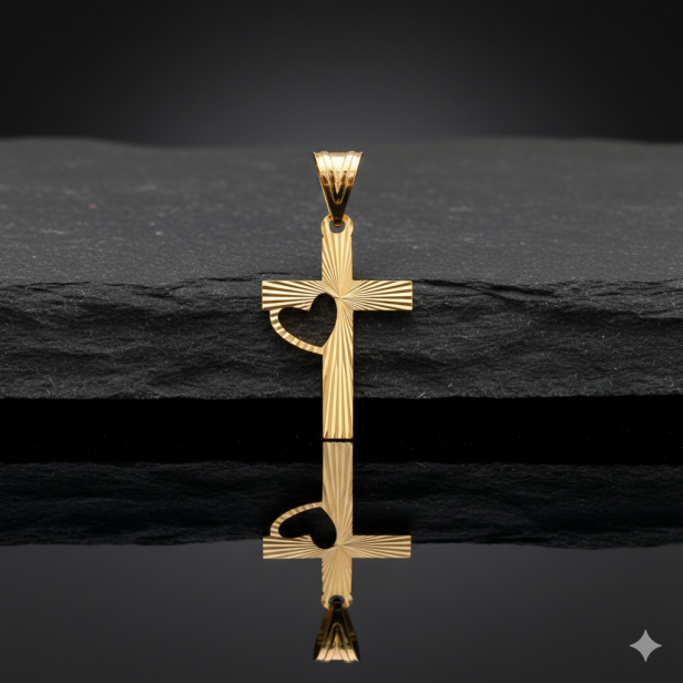 Złoty komplet Medalik Krzyż & Serce z łańcuszkiem pr. 585 – personalizowana pamiątka wiary i miłości