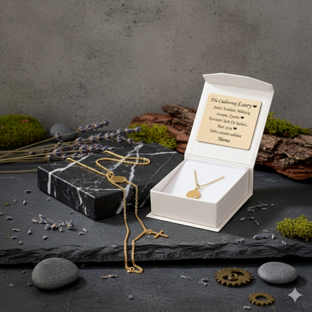 Złoty komplet Medalik z Krzyżem z łańcuszkiem pr. 585 – personalizowana pamiątka wiary