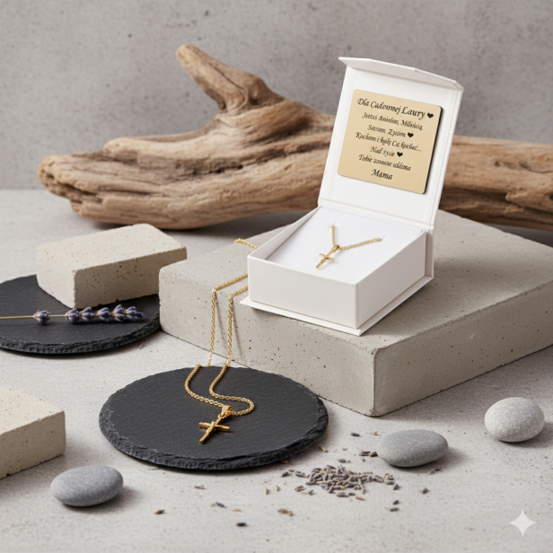 Złoty komplet Krzyż Papieski z łańcuszkiem pr. 585 – personalizowana pamiątka wiary