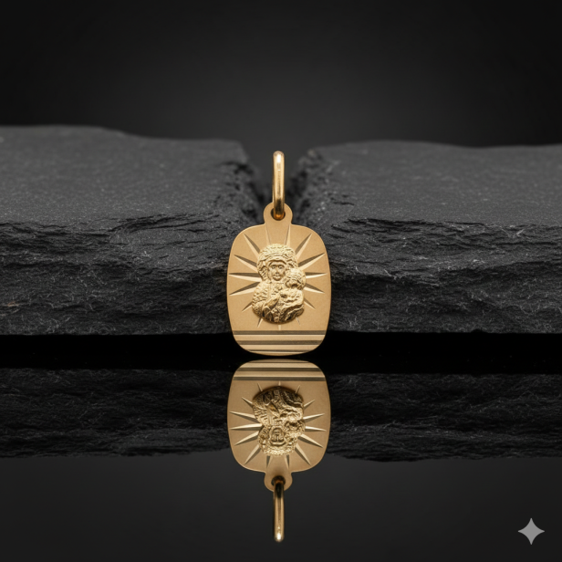 Złoty medalik Matka Boska Częstochowska w sercu z łańcuszkiem pr. 585 – personalizowana pamiątka wiary