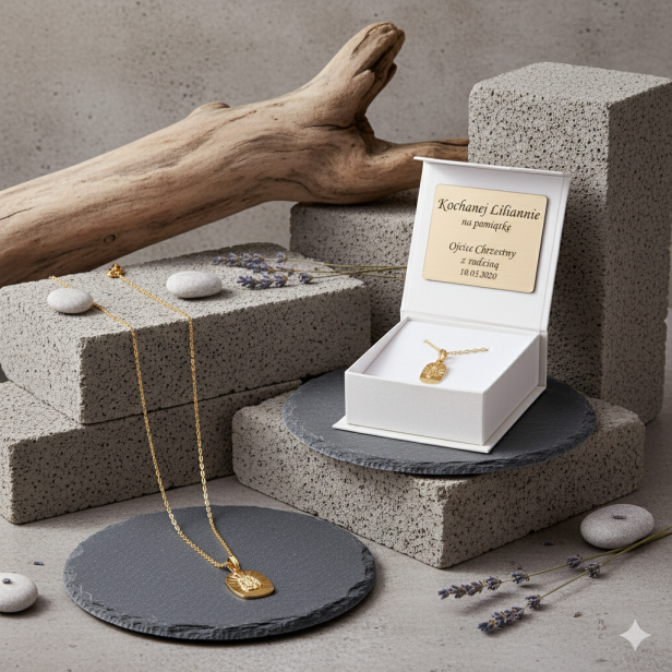 Złoty medalik Matka Boska Częstochowska w sercu z łańcuszkiem pr. 585 – personalizowana pamiątka wiary