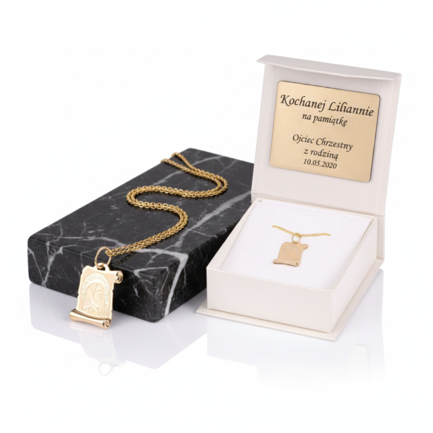 Złoty medalik Papirus Matka Boska z Dzieciątkiem z łańcuszkiem pr. 585 – personalizowana pamiątka wiary