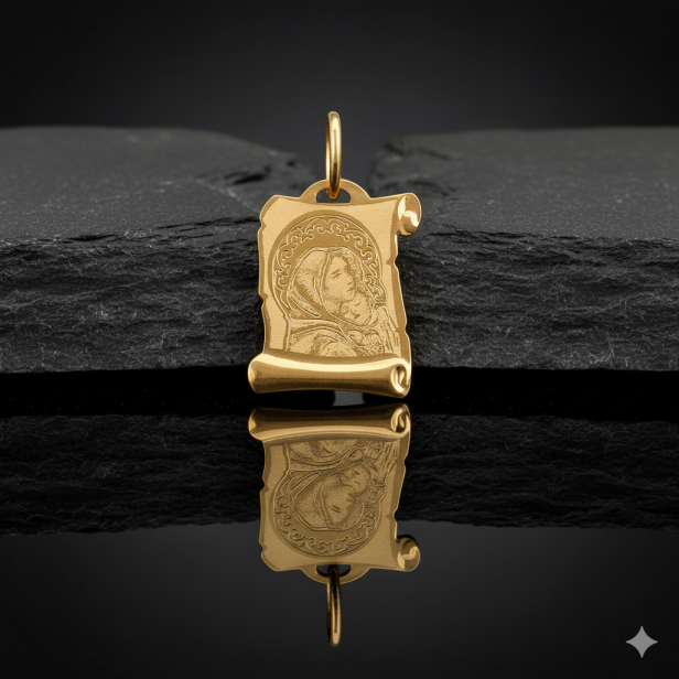 Złoty medalik Papirus Matka Boska z Dzieciątkiem z łańcuszkiem pr. 585 – personalizowana pamiątka wiary