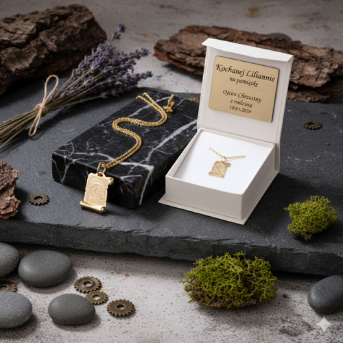 Złoty medalik Papirus Matka Boska z Dzieciątkiem z łańcuszkiem pr. 585 – personalizowana pamiątka wiary