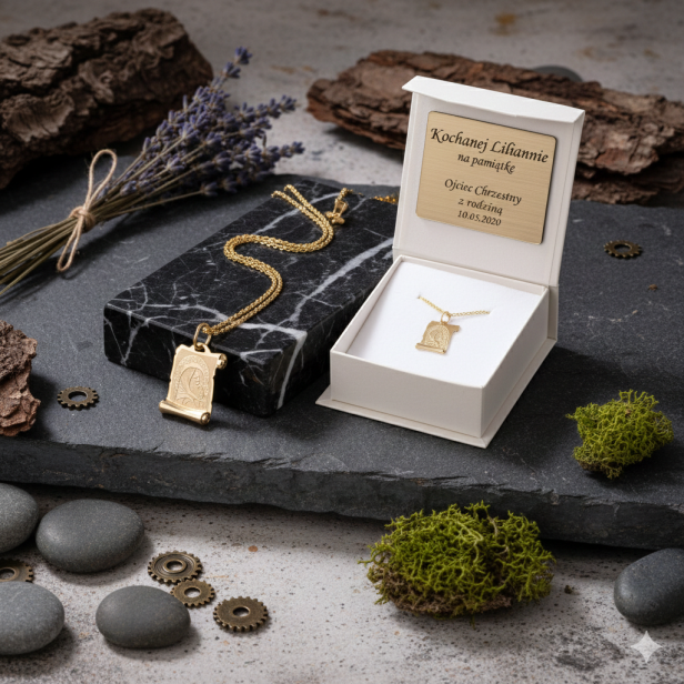 Złoty medalik Papirus Matka Boska z Dzieciątkiem z łańcuszkiem pr. 585 – personalizowana pamiątka wiary