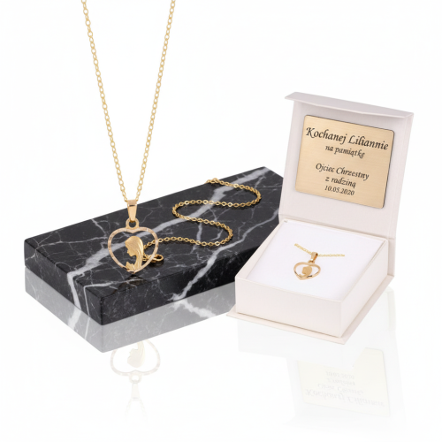 Złoty medalik Matka Boska Fatimska w serduszku z łańcuszkiem pr. 585 – personalizowana pamiątka wiary