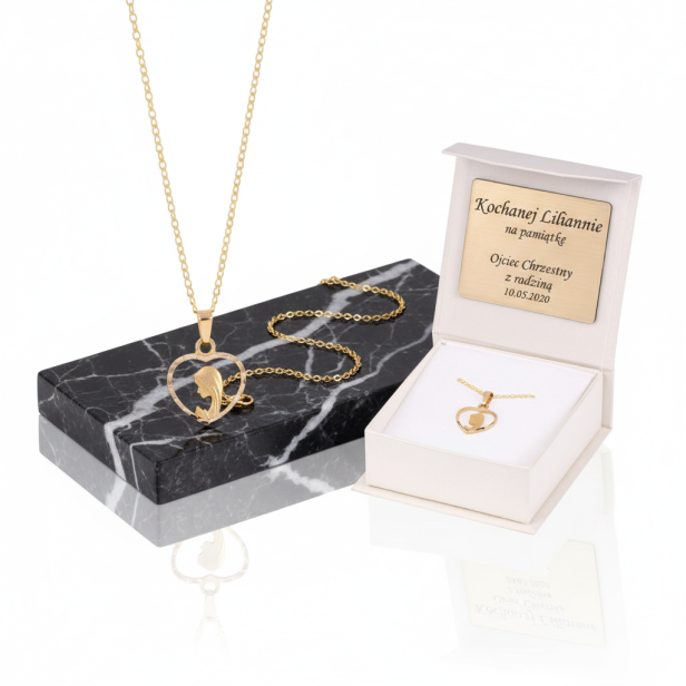 Złoty medalik Matka Boska Fatimska w serduszku z łańcuszkiem pr. 585 – personalizowana pamiątka wiary