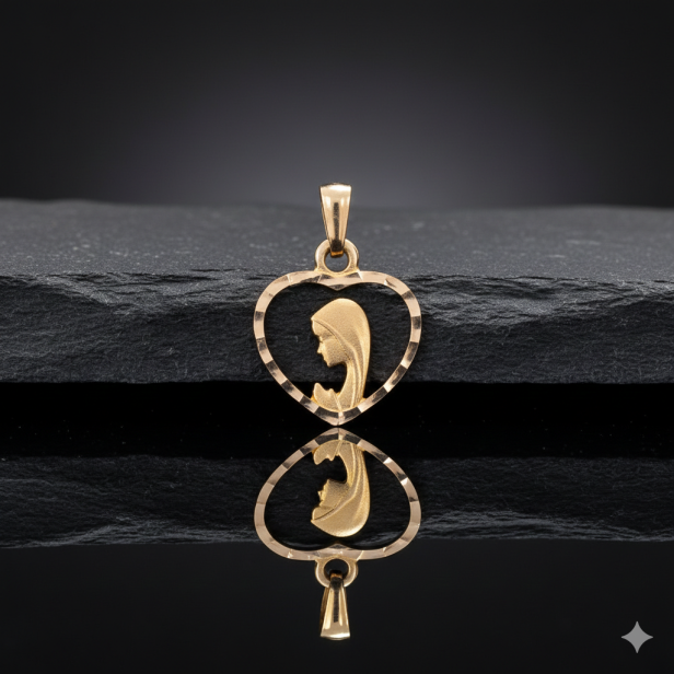 Złoty medalik Matka Boska Fatimska w serduszku z łańcuszkiem pr. 585 – personalizowana pamiątka wiary