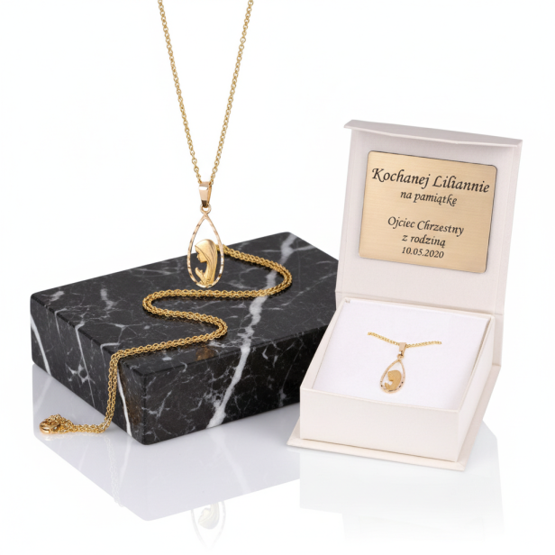 Złoty medalik Matka Boska Fatimska w łezce z łańcuszkiem pr. 585 – personalizowana pamiątka wiary