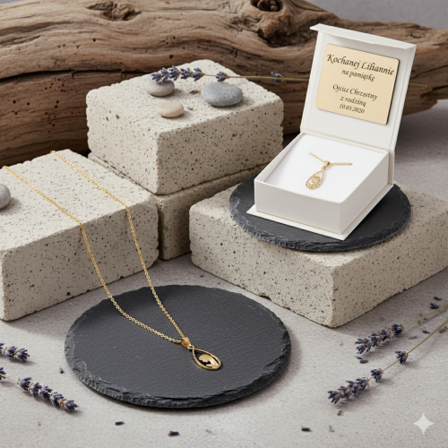 Złoty medalik Matka Boska Fatimska w łezce z łańcuszkiem pr. 585 – personalizowana pamiątka wiary