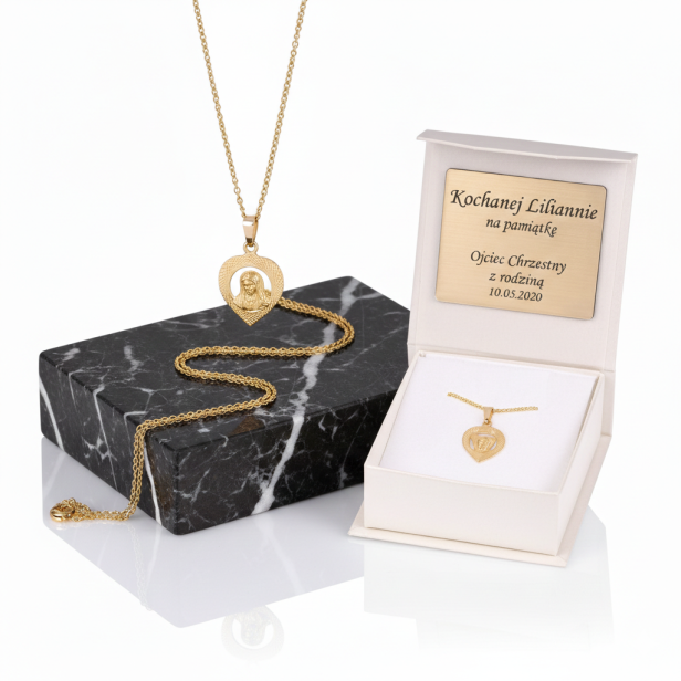 Złoty medalik Matka Boska Bolesna w serduszku z łańcuszkiem pr. 585 – personalizowana pamiątka wiary
