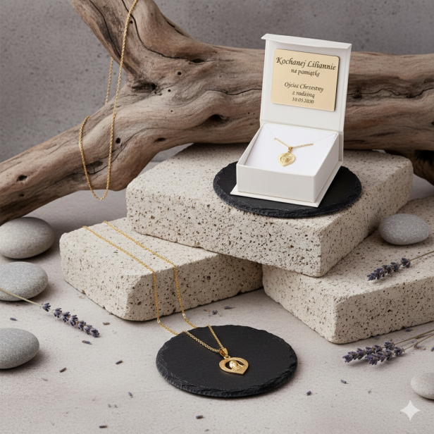 Złoty medalik Matka Boska Bolesna w serduszku z łańcuszkiem pr. 585 – personalizowana pamiątka wiary