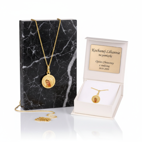 Złoty medalik Matka Boska ażurowy z łańcuszkiem pr. 585 – personalizowana pamiątka wiary