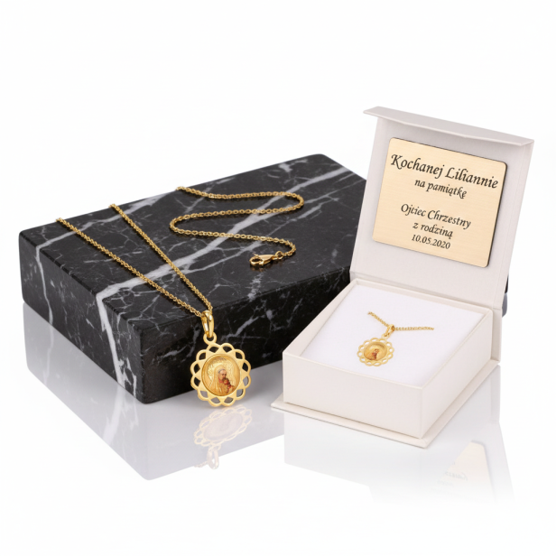 Złoty medalik Matka Boska z Dzieciątkiem ażurowy z łańcuszkiem pr. 585 – personalizowana pamiątka wiary
