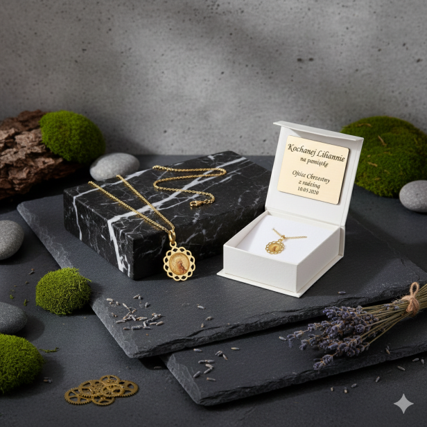 Złoty medalik Matka Boska z Dzieciątkiem ażurowy z łańcuszkiem pr. 585 – personalizowana pamiątka wiary