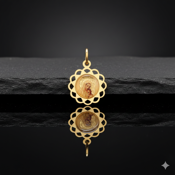 Złoty medalik Matka Boska z Dzieciątkiem ażurowy z łańcuszkiem pr. 585 – personalizowana pamiątka wiary