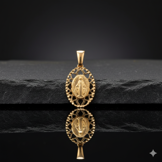 Złoty ażurowy Cudowny Medalik Niepokalanej z łańcuszkiem pr. 585 – personalizowana pamiątka sakramentalna