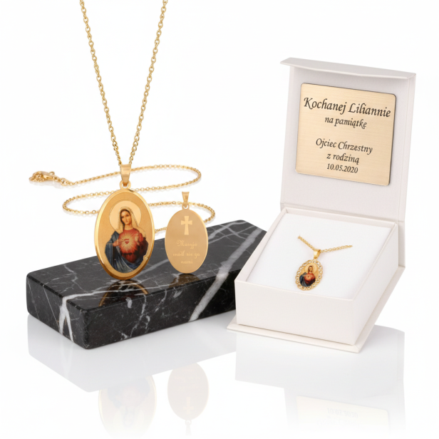 Złoty medalik Serce Maryi z łańcuszkiem pr. 585 – personalizowana pamiątka sakramentalna