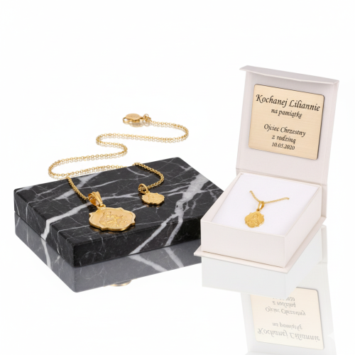 Złoty dwustronny medalik Matka Boska Szkaplerzna z Sercem Jezusa z łańcuszkiem pr. 585 – pamiątka sakramentalna z dedykacją